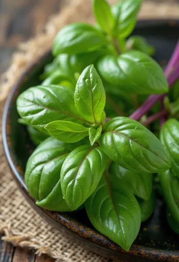Hojas frescas de albahaca tailandesa en plato limpio