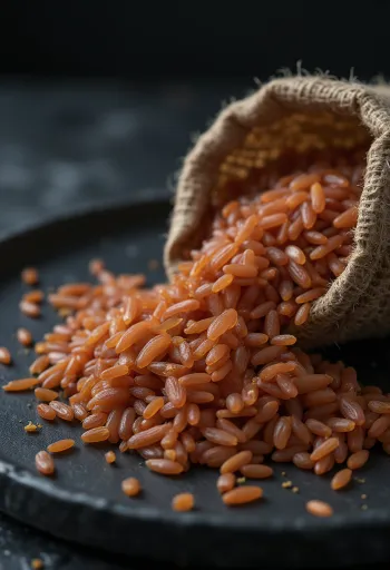 Granos de arroz rojo Thai Cargo frescos y sueltos en plato