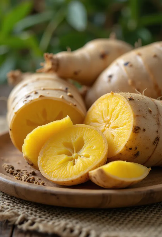 Raíz de arracacha en rodajas sobre tabla de cortar