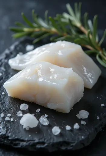Lomo de bacalao del Atlántico fresco sobre tabla de cocina