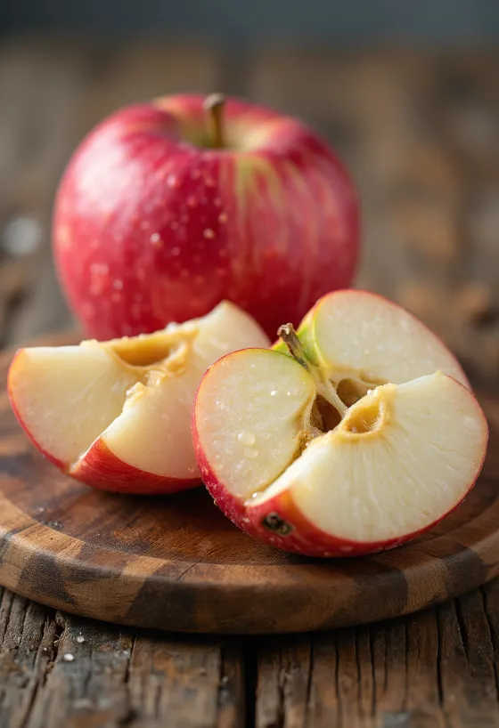 Manzanas Idared rojas frescas sobre tabla de cocina