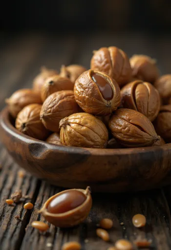 Nueces Okari enteras sobre superficie de madera
