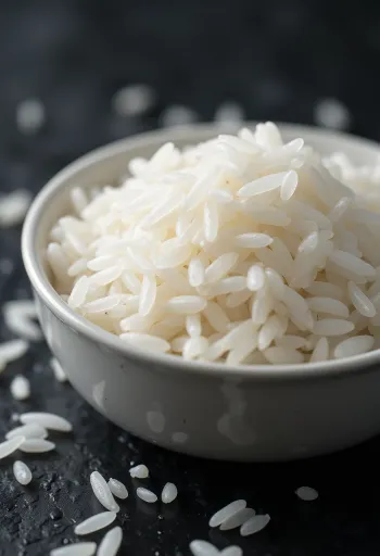Bol de arroz jazmín recién cocido, blanco y esponjoso