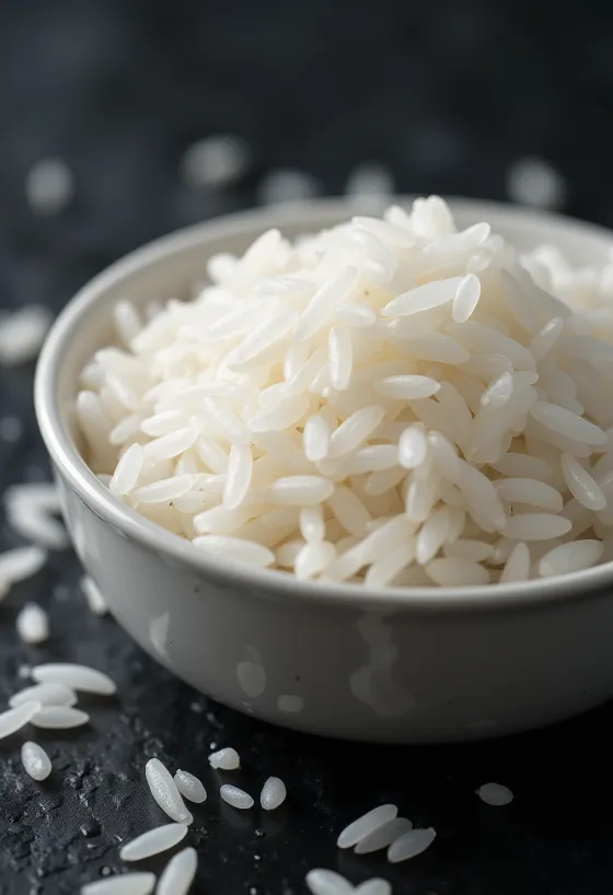 Bol de arroz jazmín recién cocido, blanco y esponjoso