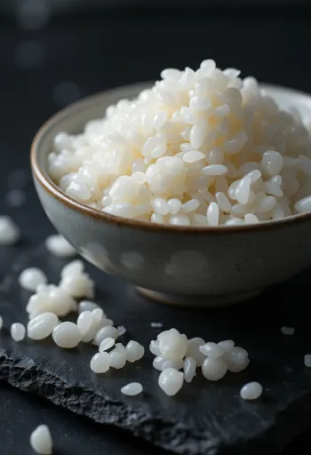Arroz de sushi recién cocido, brillante y pegajoso