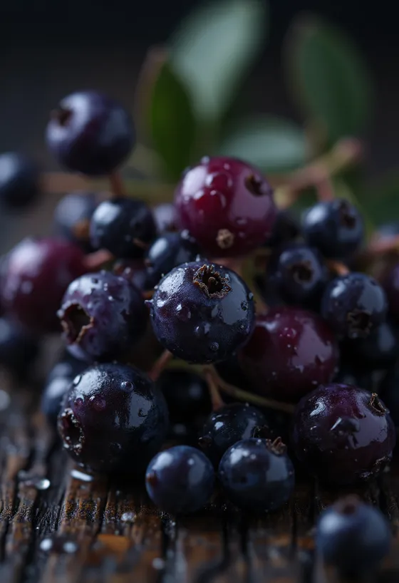 Bayas de saúco negro, color violeta oscuro intenso y superficie brillante