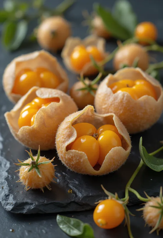 Bayas de Physalis (alquequenje) de color naranja vivo con su envoltura papirácea