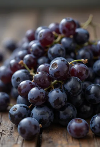 Primer plano de uvas Othello frescas y jugosas con piel de color púrpura oscuro casi negro
