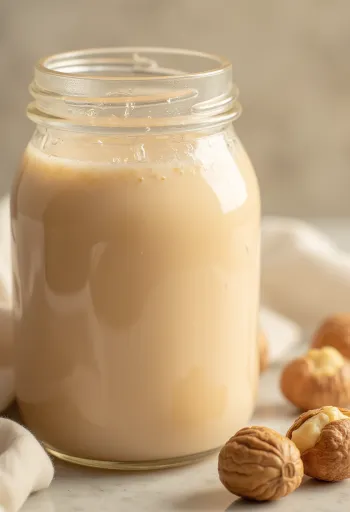 Leche de avellana vertiéndose en un vaso con avellanas alrededor