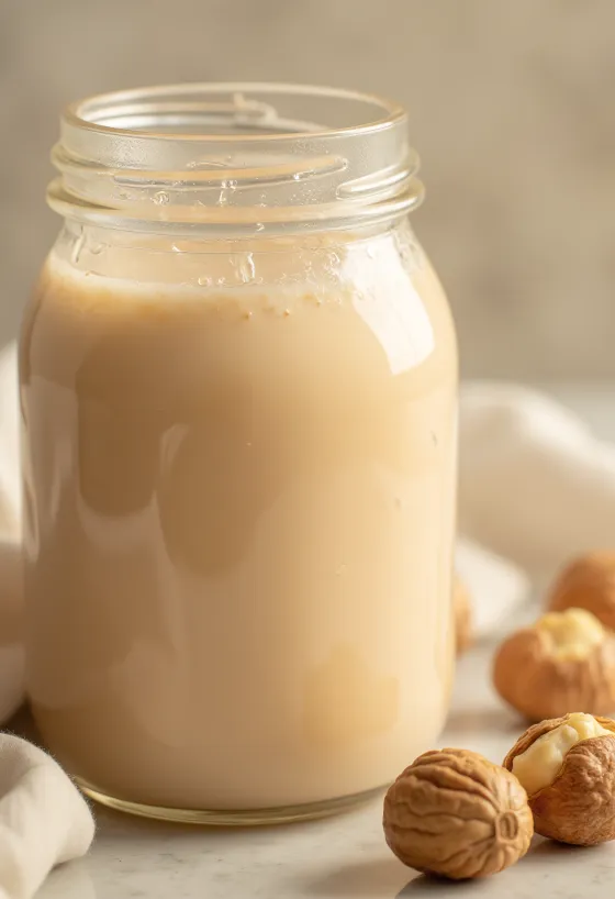 Leche de avellana vertiéndose en un vaso con avellanas alrededor