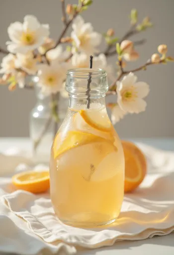 Agua de azahar en botella con flores, té y dulces