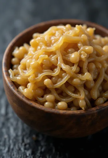 Natto fermentado pegajoso en cuenco con cuchara