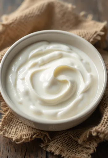 Yogur natural cremoso en cuenco pequeño, lácteo blanco