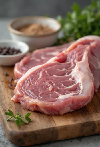 Filetes de lengua cruda en tabla de cortar, limpios