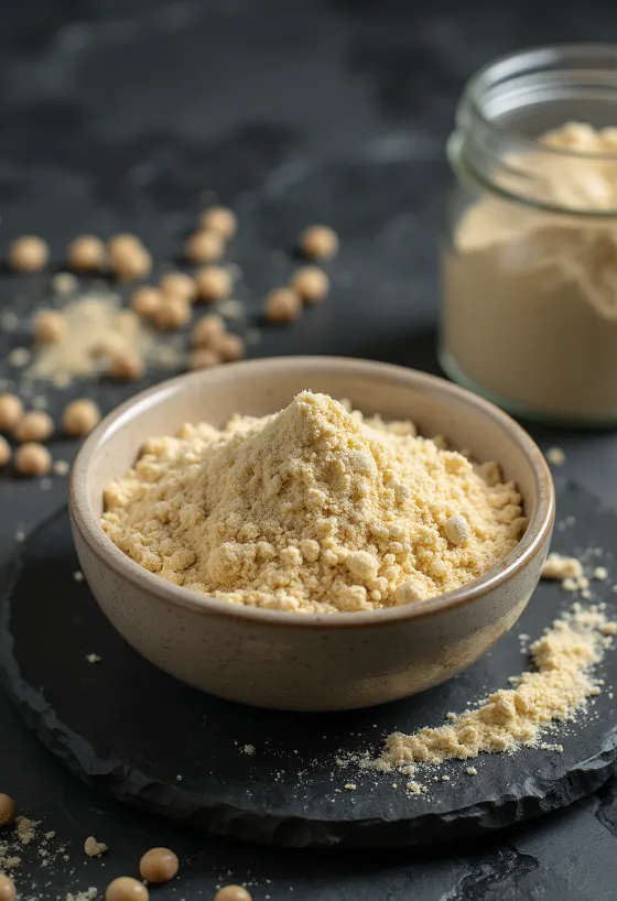 Proteína de guisante en polvo color beige con guisantes amarillos secos