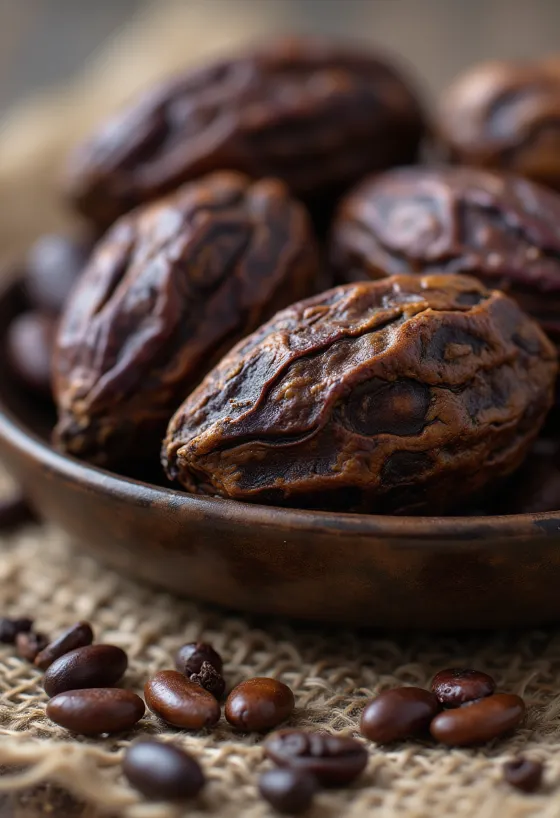 Granos de cacao crudo sin fermentar y semillas en su forma natural