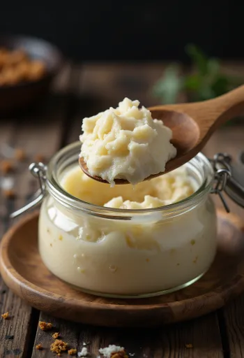 Grasa de pato cruda en cuenco de cristal rodeada de recortes de grasa limpia