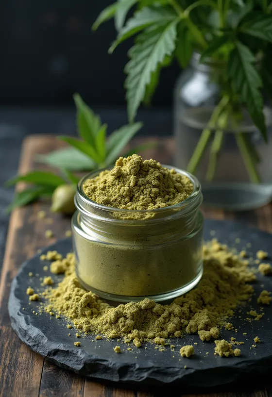 Proteína de cáñamo cruda en polvo en cuenco, junto a semillas