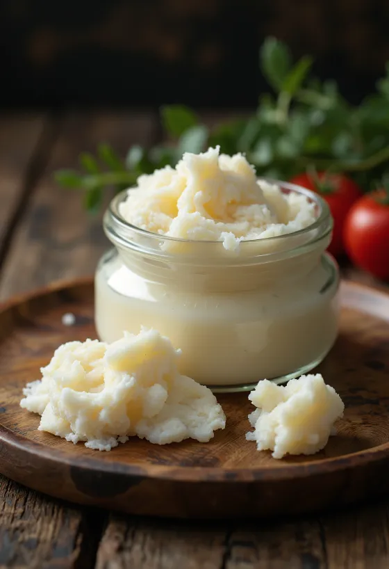 Grasa de oca cruda en cuenco de cristal con recortes de grasa