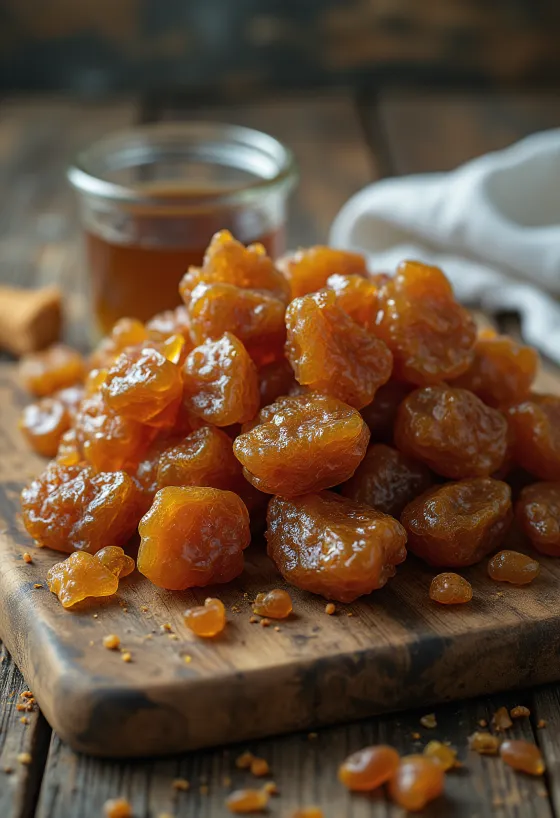 Trozos de propóleo puro sobre superficie de madera en estado natural