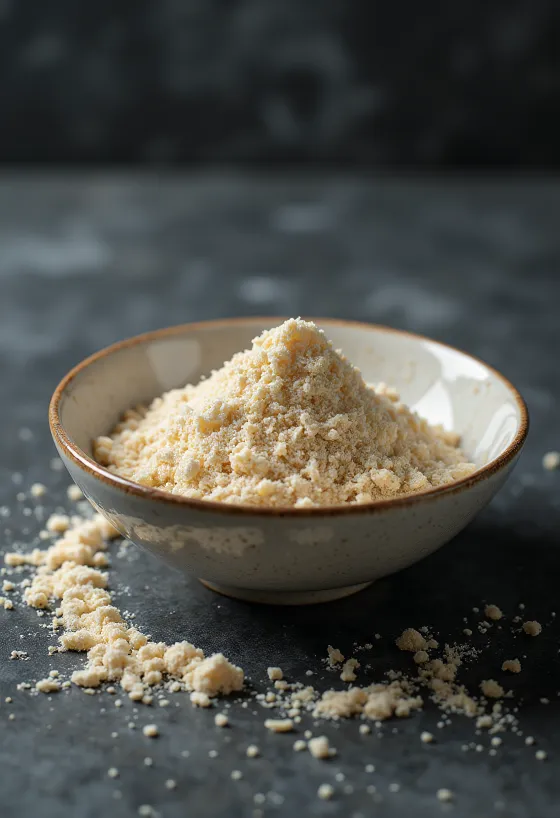 Proteína de arroz cruda en polvo beige en cuenco junto a arroz integral