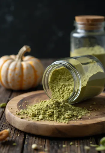 Proteína de semilla de calabaza cruda en polvo verde, junto a semillas