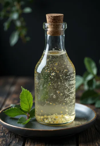 Savia de abedul en botella y vaso, con corteza y ramas