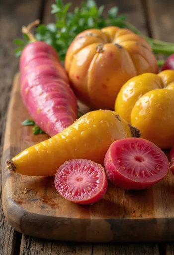 Tubérculos de oca de colores variados y textura brillante