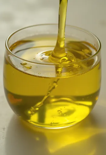 Aceite de oliva virgen extra en botella pequeña y cuenco sobre superficie clara