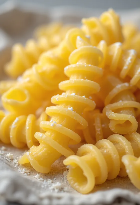 Pasta fusilli seca esparcida sobre madera
