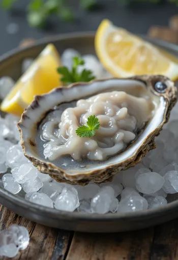 Carne de ostra fresca cruda sobre hielo con limón y hierbas