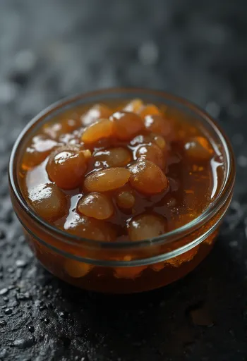 Salsa de ostras en cuenco con ostras cocidas, soja y azúcar