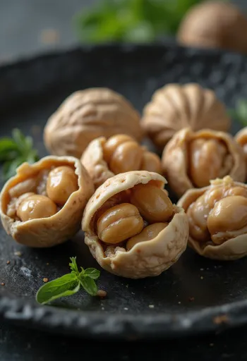 Nueces de cáscara de papel en cuenco de madera con frutos claros