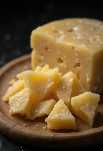 Queso parmesano rallado y en trozos sobre tabla de madera