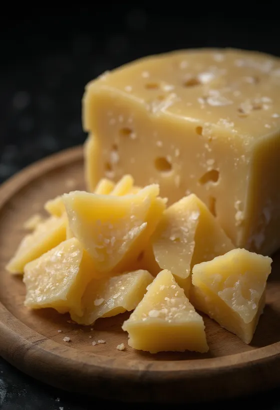 Queso parmesano rallado y en trozos sobre tabla de madera