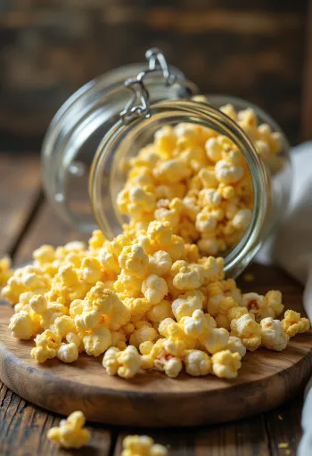 Granos de maíz para palomitas secos esparcidos sobre madera