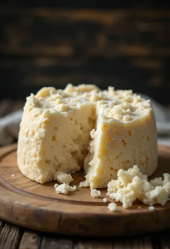 Cuña de queso Pecorino fresco de oveja en bol de cerámica sobre mesa