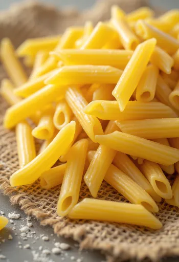 Pasta penne seca con superficie estriada sobre fondo de madera rústica