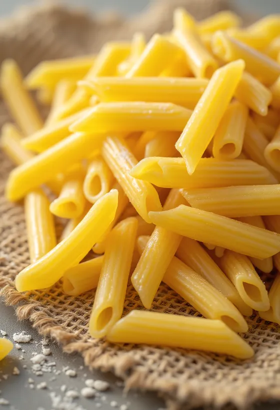 Pasta penne seca con superficie estriada sobre fondo de madera rústica