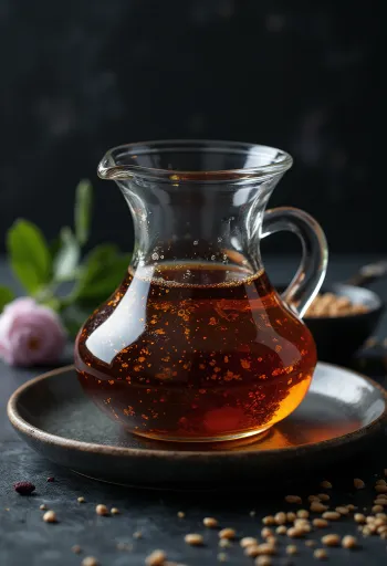 Aceite de sésamo tostado en botella oscura con cuenco y semillas de sésamo