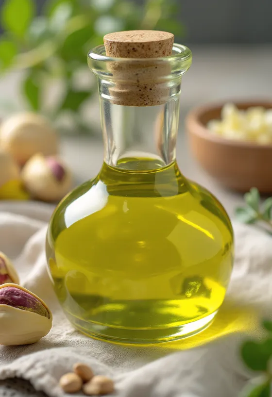 Botella pequeña de aceite de pistacho junto a un cuenco con pistachos pelados