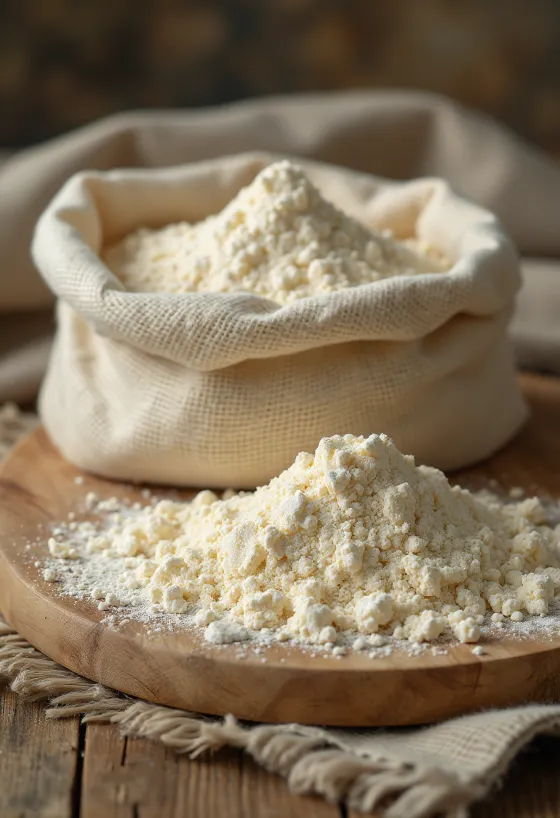 Harina de plátano macho en cuenco con cuchara y plátano verde