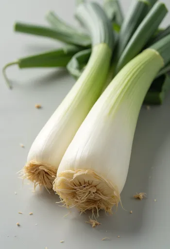 Puerros frescos cortados y enteros sobre mesa de madera