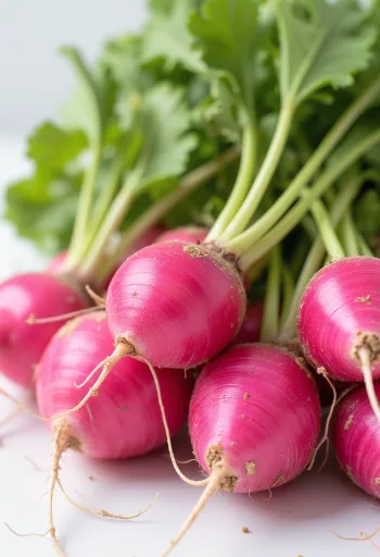Rábanos rojos frescos con hojas verdes sobre tabla, también cortados