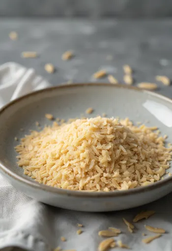 Salvado de arroz en pequeño cuenco de cerámica y esparcido sobre superficie de cocina