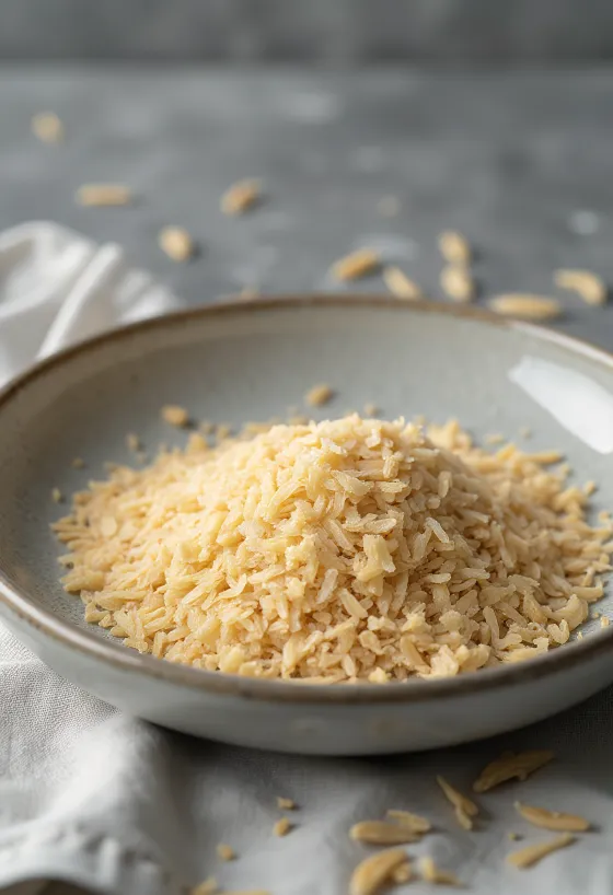 Salvado de arroz en pequeño cuenco de cerámica y esparcido sobre superficie de cocina