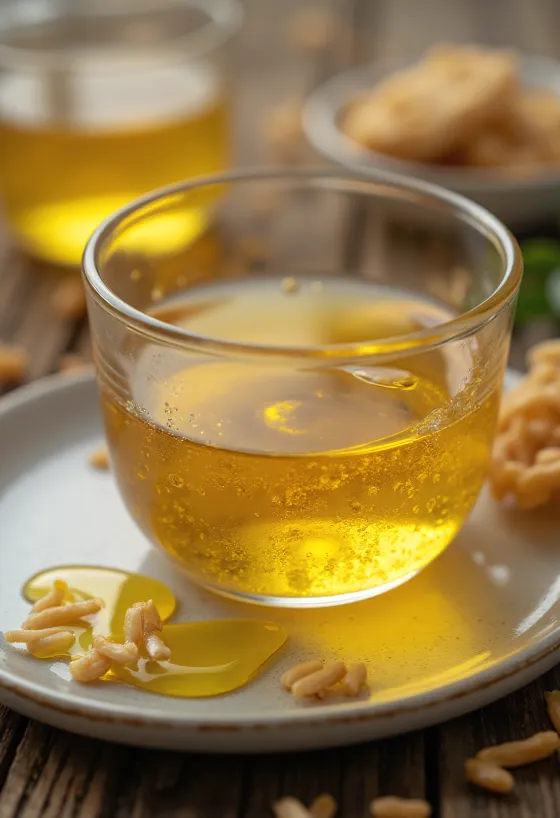 Aceite de salvado de arroz en botella con granos y salvado sobre fondo natural