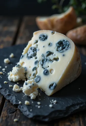 Cuña de queso Roquefort con vetas azules en plato blanco