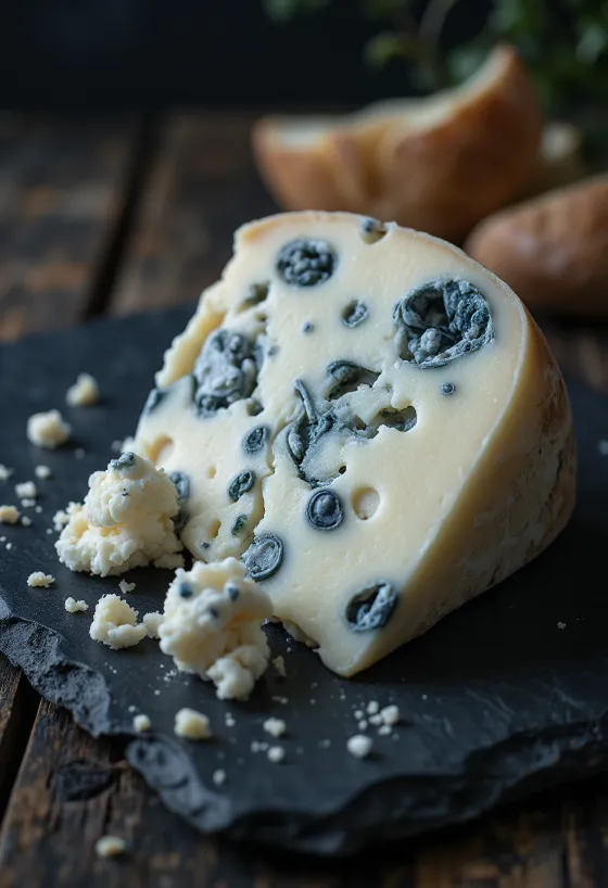 Cuña de queso Roquefort con vetas azules en plato blanco