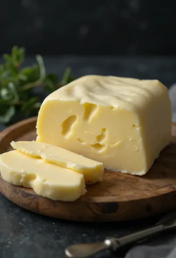 Mantequilla fermentada amarilla en mantequera rústica